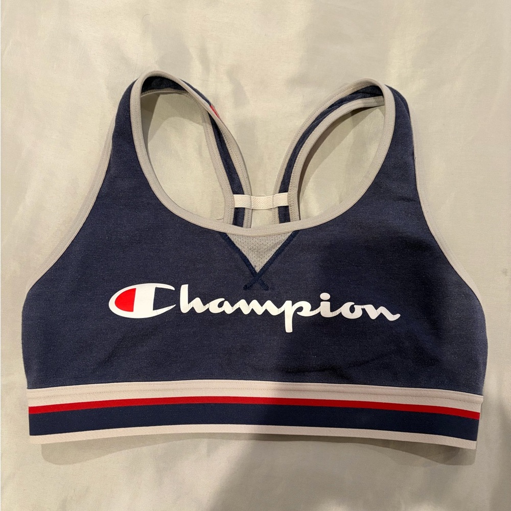 Champion Navy & Red Striped Logo Sports Bra